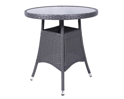 Round rattan garden table with glass top and grey woven base