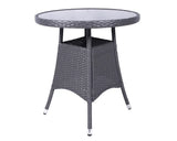 Round rattan garden table with glass top and grey woven base