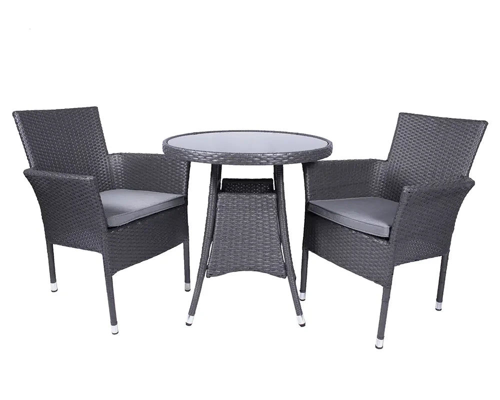 Grey rattan bistro set with round glass table and two cushioned chairs