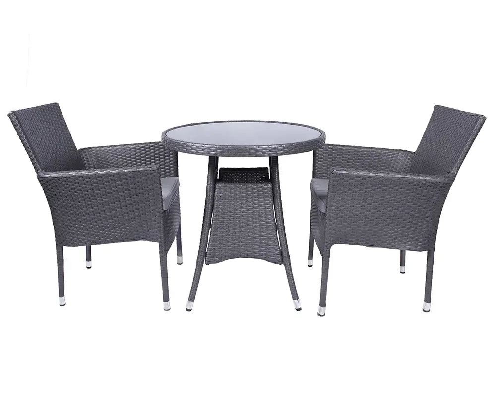 Grey rattan garden dining set with round glass table and three armchairs