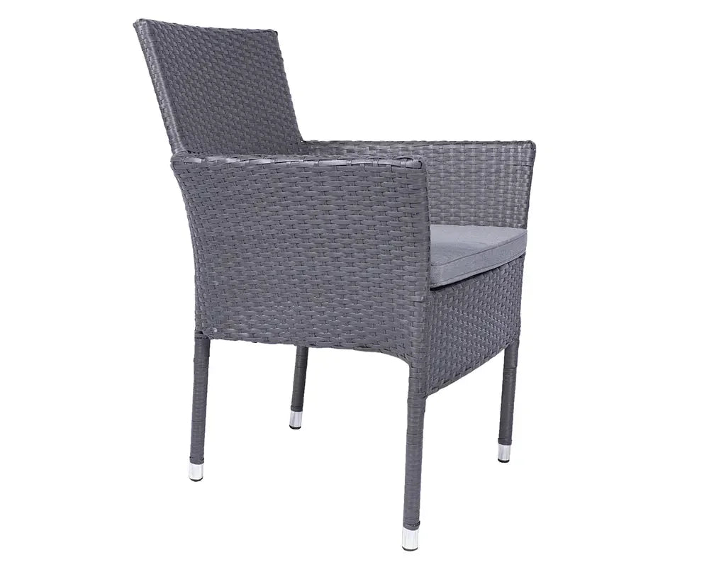 Grey rattan garden armchair with cushion and chrome leg caps, rear angle view