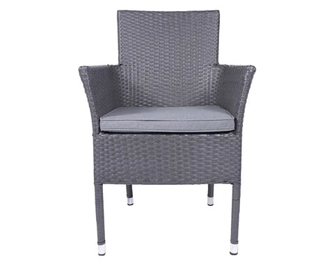 Grey rattan garden dining chair with armrests and seat cushion, front view