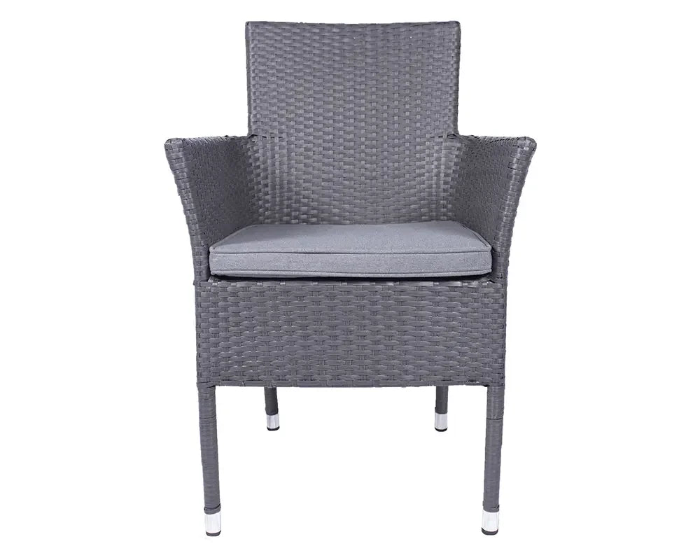 Grey rattan garden dining chair with armrests and seat cushion, front view
