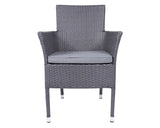 Grey rattan garden dining chair with armrests and seat cushion, front view