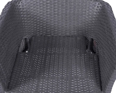 Closeup of grey rattan outdoor chair seat and armrests showing woven detail