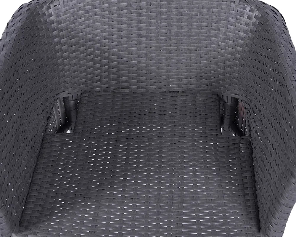 Closeup of grey rattan outdoor chair seat and armrests showing woven detail