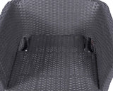Closeup of grey rattan outdoor chair seat and armrests showing woven detail