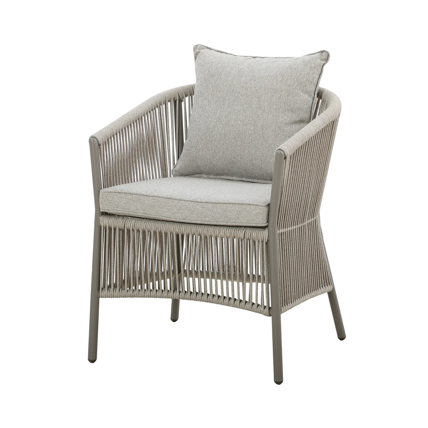 Grey rope armchair with cushion and slim metal legs, front view