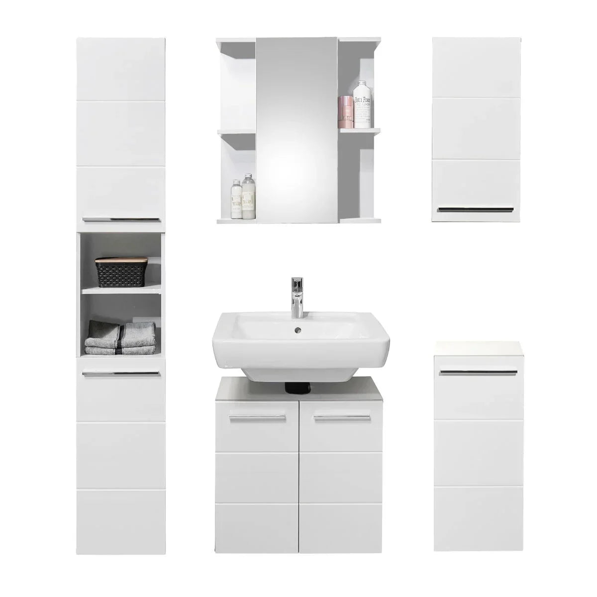 White bathroom furniture set with cabinets, vanity unit and mirror cabinet