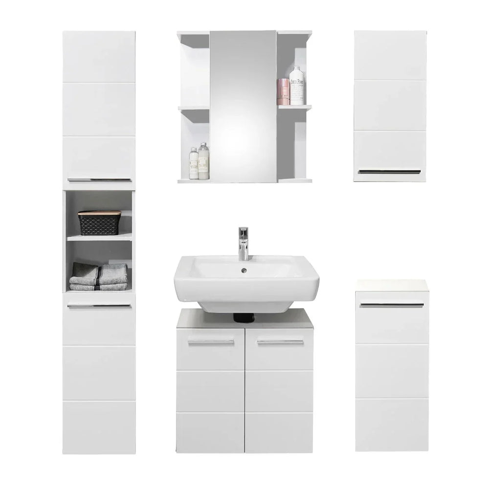 White bathroom furniture set with tall storage cabinet, basin unit, wall cabinet and mirror