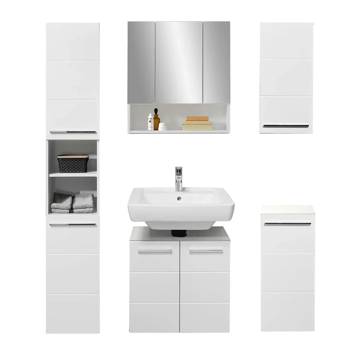 White bathroom furniture set with storage cabinets, mirror unit and sink cabinet