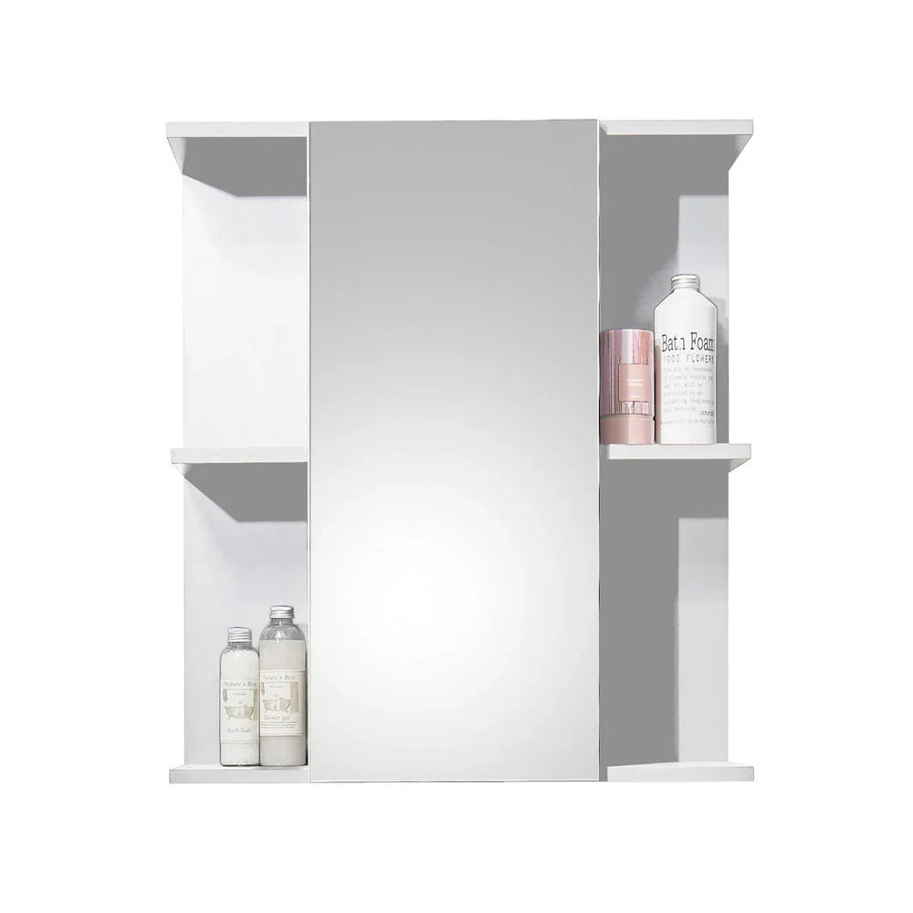 white mirrored cabinet with one door and open side shelves holding bathroom products