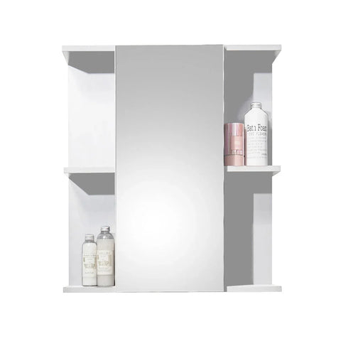 white mirrored cabinet with one door and open side shelves holding bathroom products