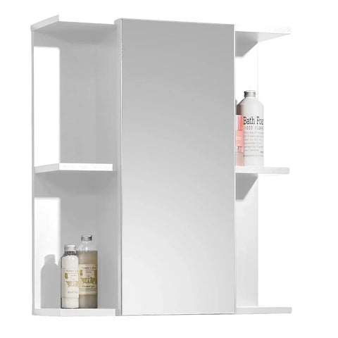 White mirrored bathroom cabinet with one door and open side shelves holding bottles