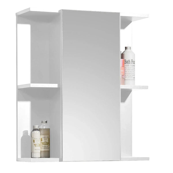White mirrored bathroom cabinet with one door and open side shelves holding bottles