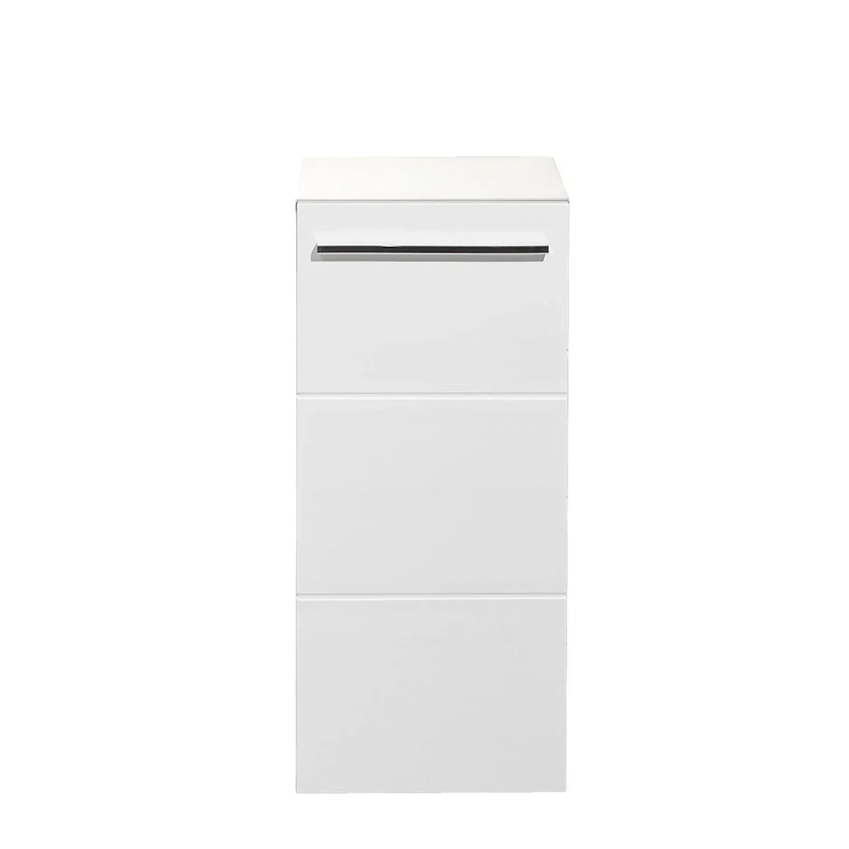 White cabinet with chrome handle and three-panel front, viewed from the front angle