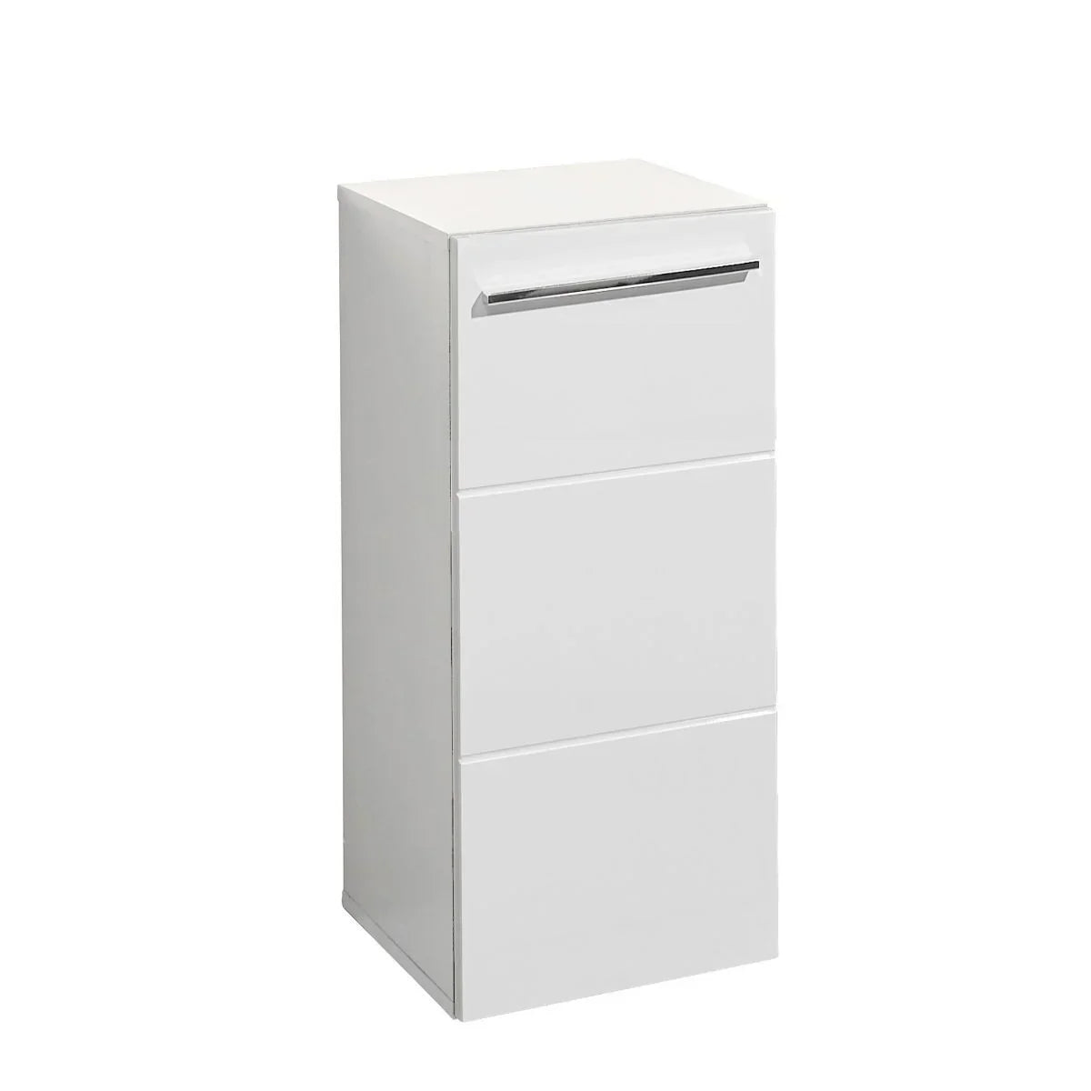 White cabinet with three drawers and chrome handle, modern storage unit front angle