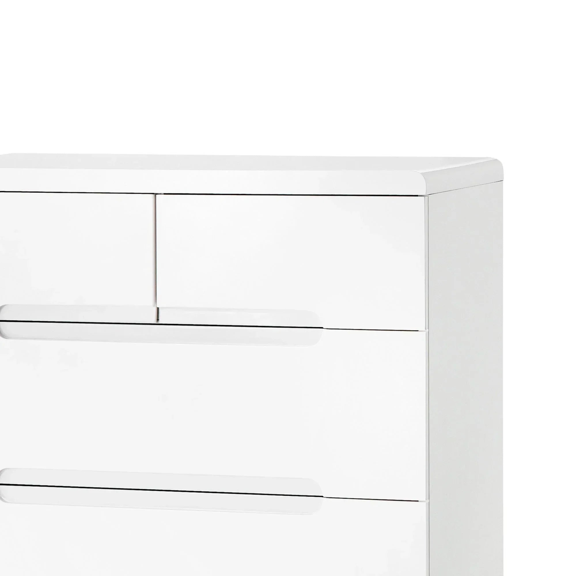 White 2 drawer chest with smooth high gloss finish and integrated handles, corner detail view