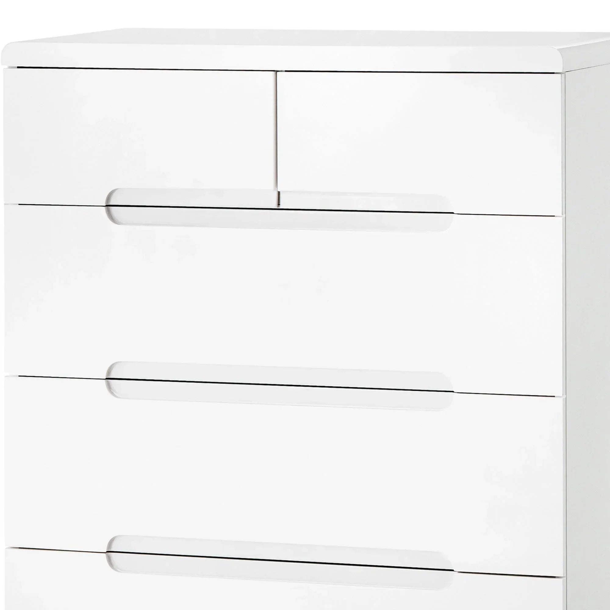 White 2 drawer chest with modern handle detail and smooth glossy finish, close-up view