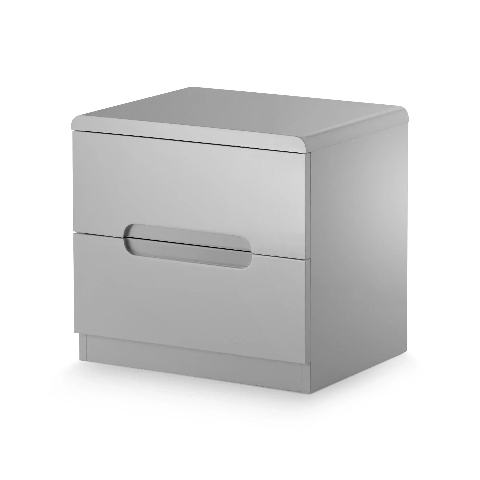 Grey bedside table with two drawers and integrated handle design