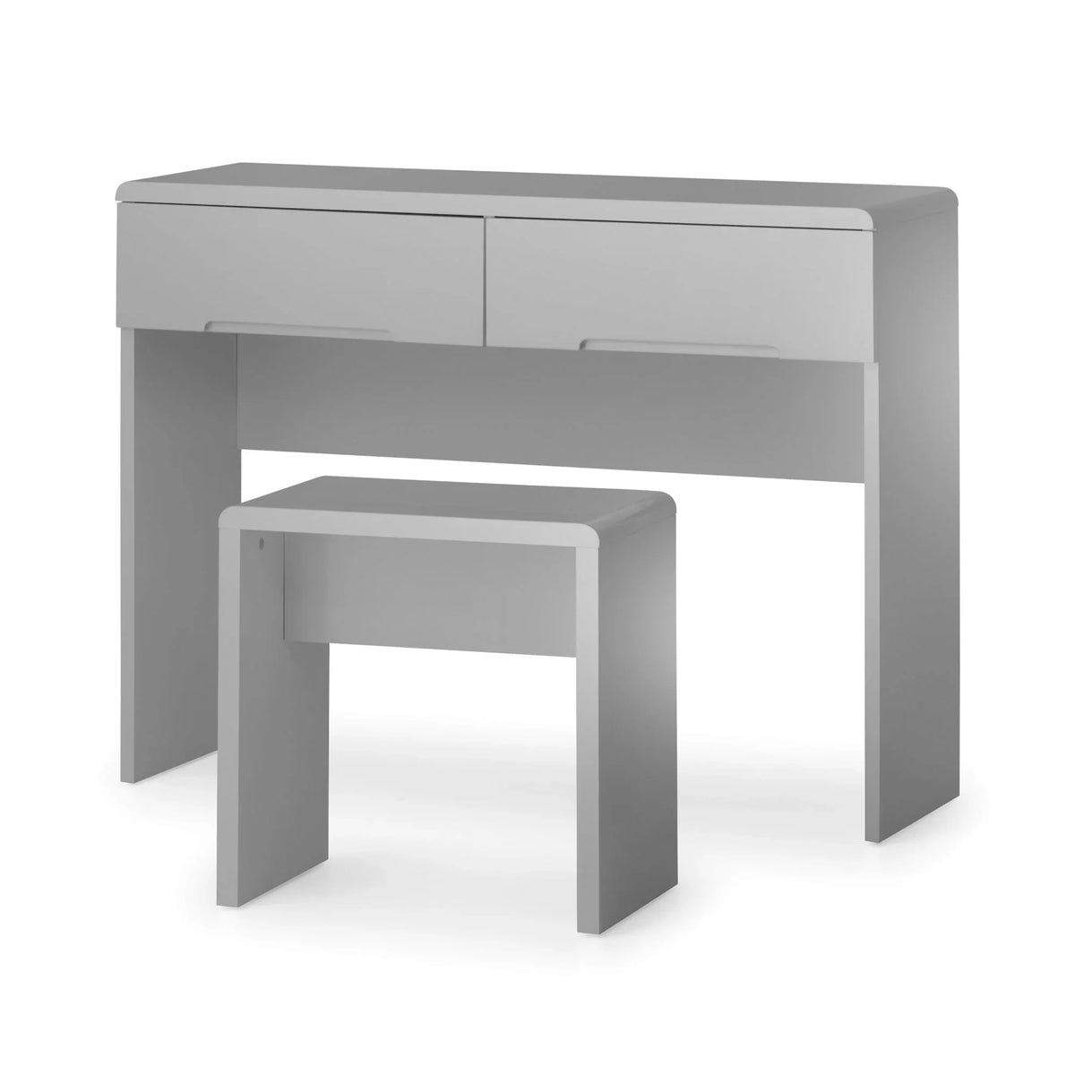 Grey dressing table with two drawers and matching stool, modern rectangular design