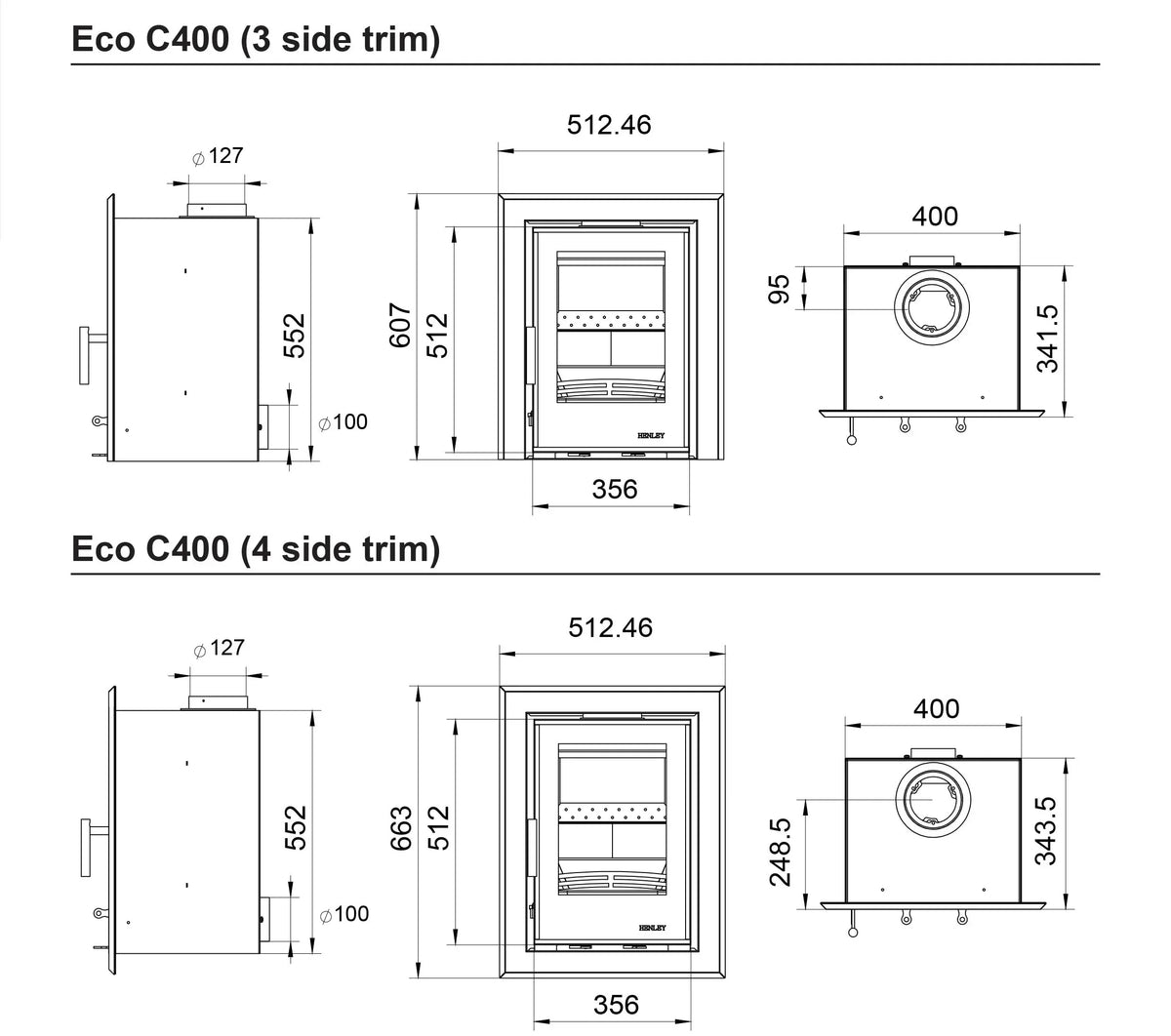 Eco C400 stove technical drawings with dimensions for 3 side trim and 4 side trim versions