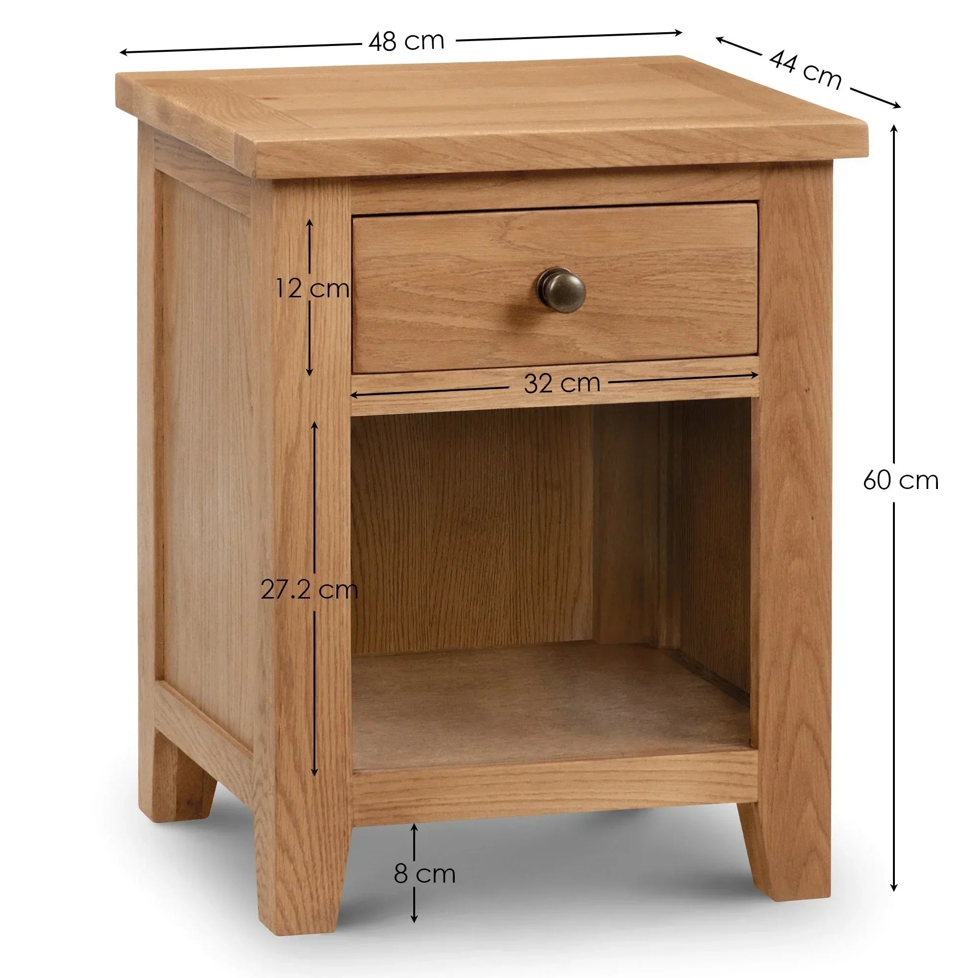 Oak bedside table with drawer and open shelf, dimension labels in centimeters