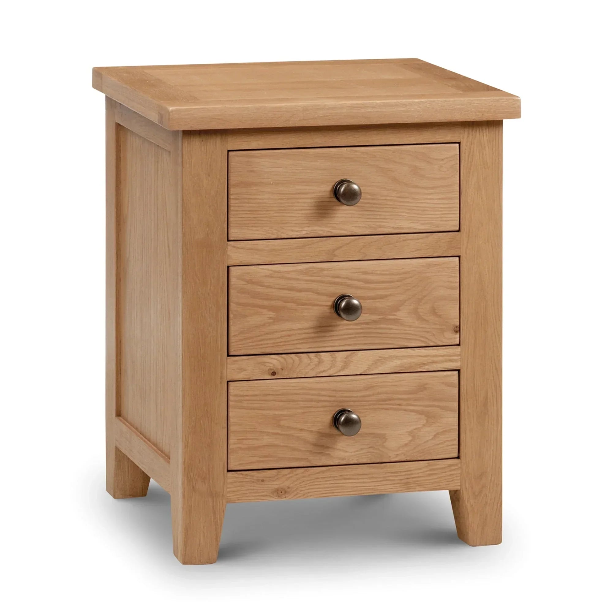 Oak bedside table with three drawers and round metal handles, angled front view