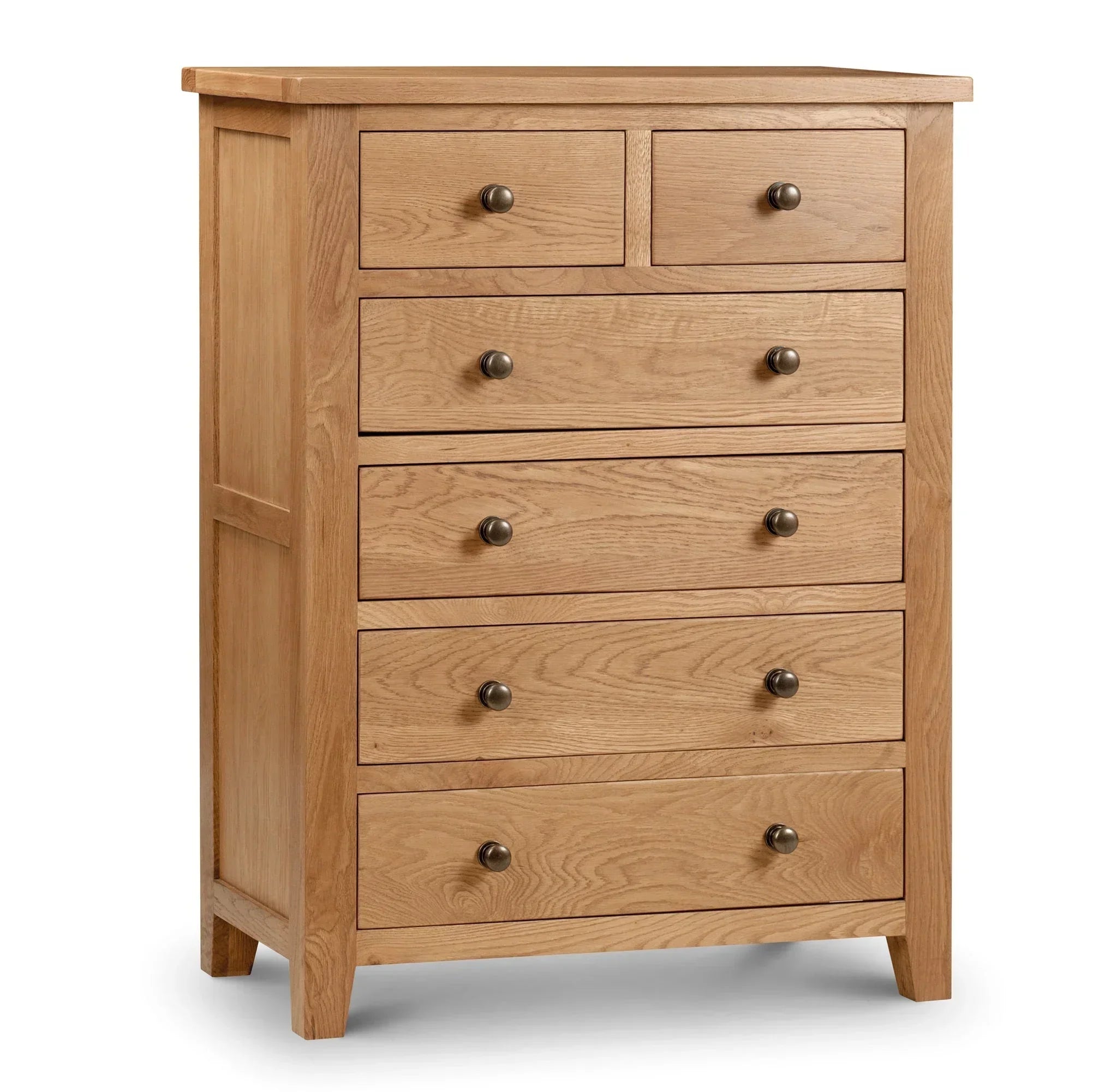 Oak chest of drawers with six metal handles and natural wood grain finish