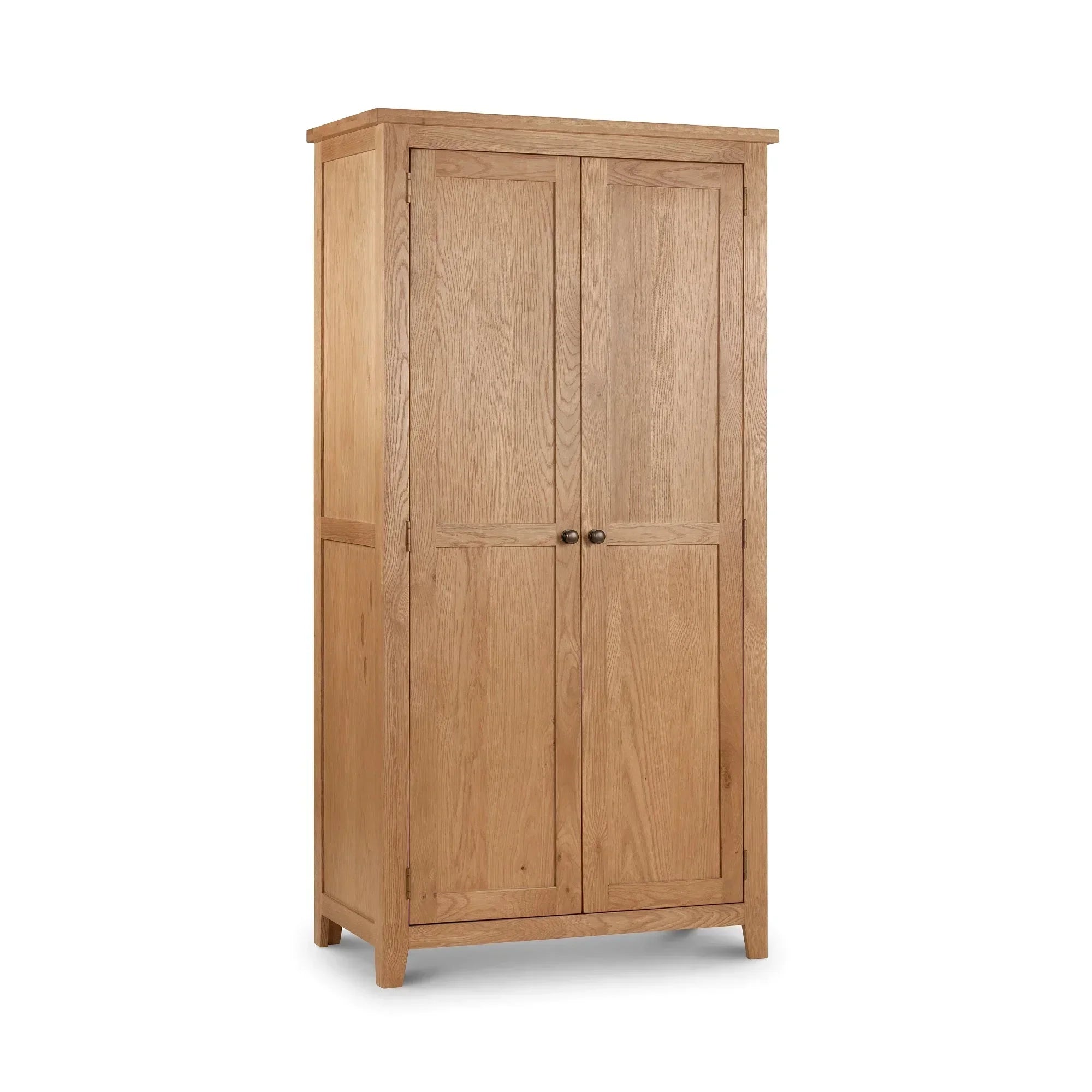 Oak two door wardrobe with panelled doors and metal handles, front angled view