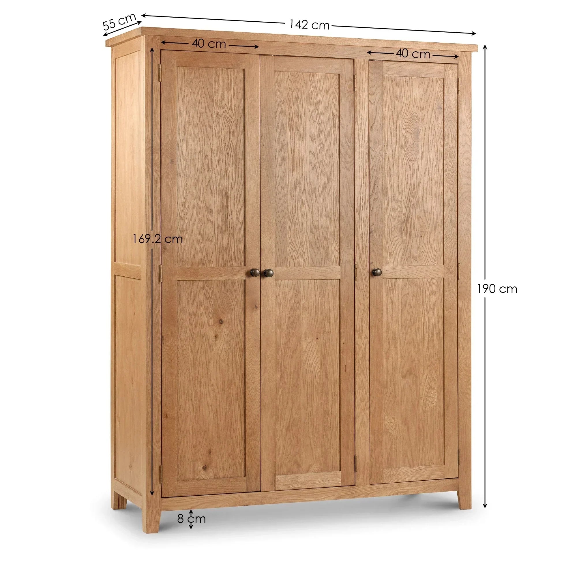 Oak wardrobe with three panel doors and black knobs, featuring visible dimensions on front