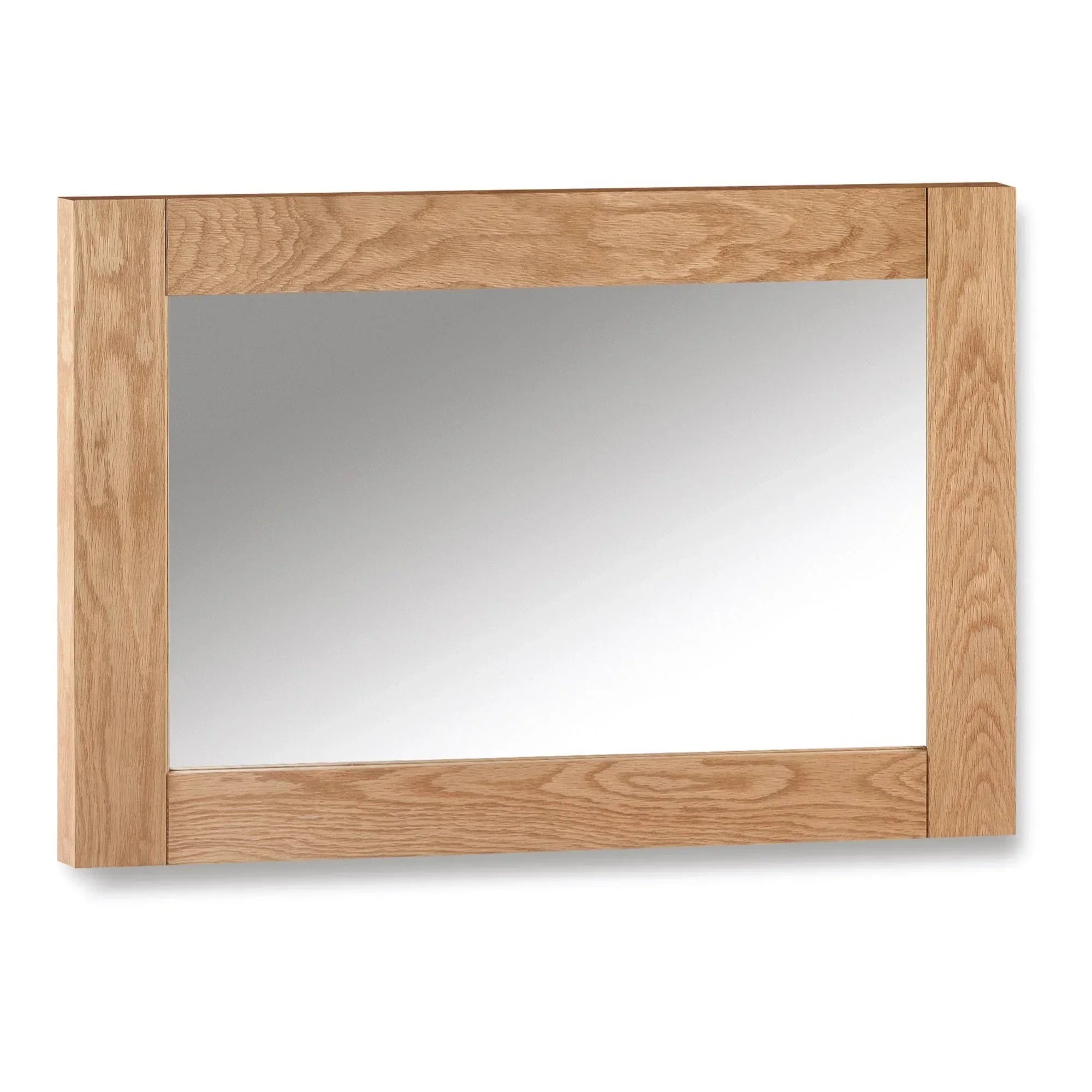 Rectangular wall mirror with natural oak wood frame shown at a slight angle
