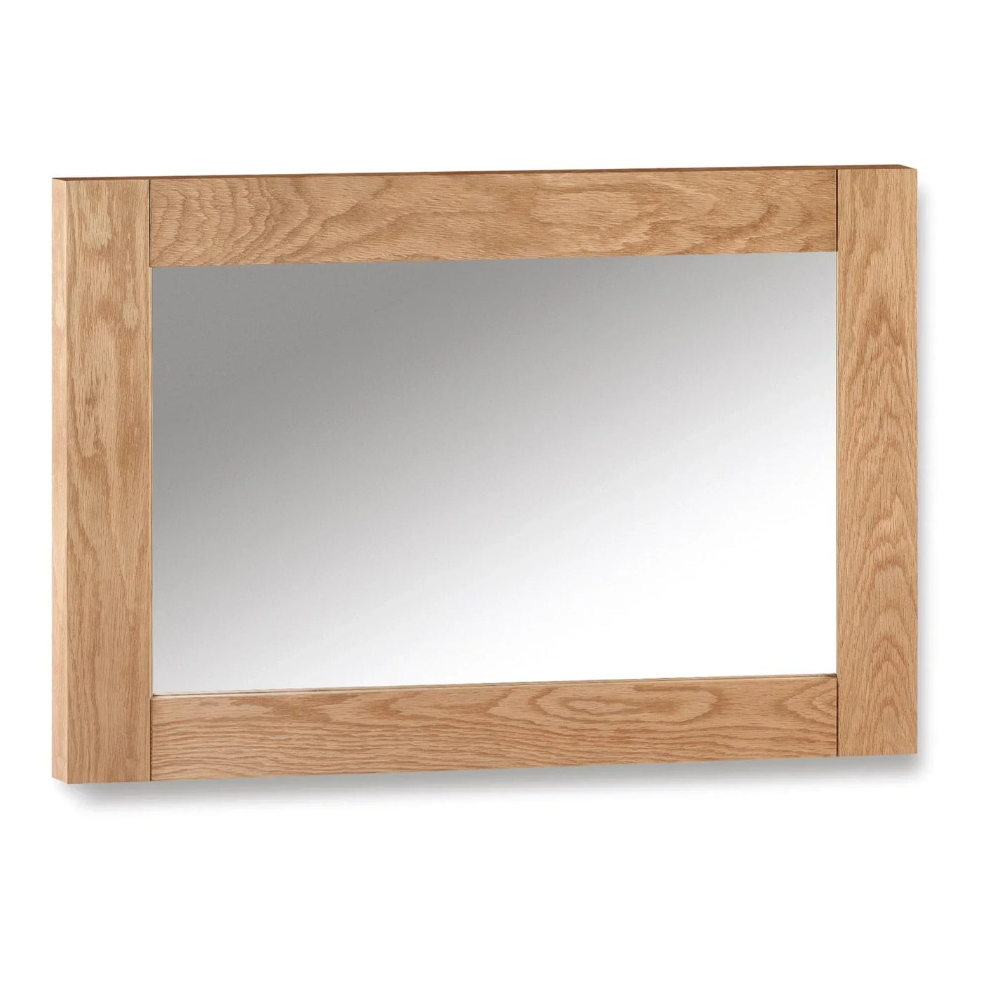 Rectangular wall mirror with natural oak wood frame shown at a slight angle