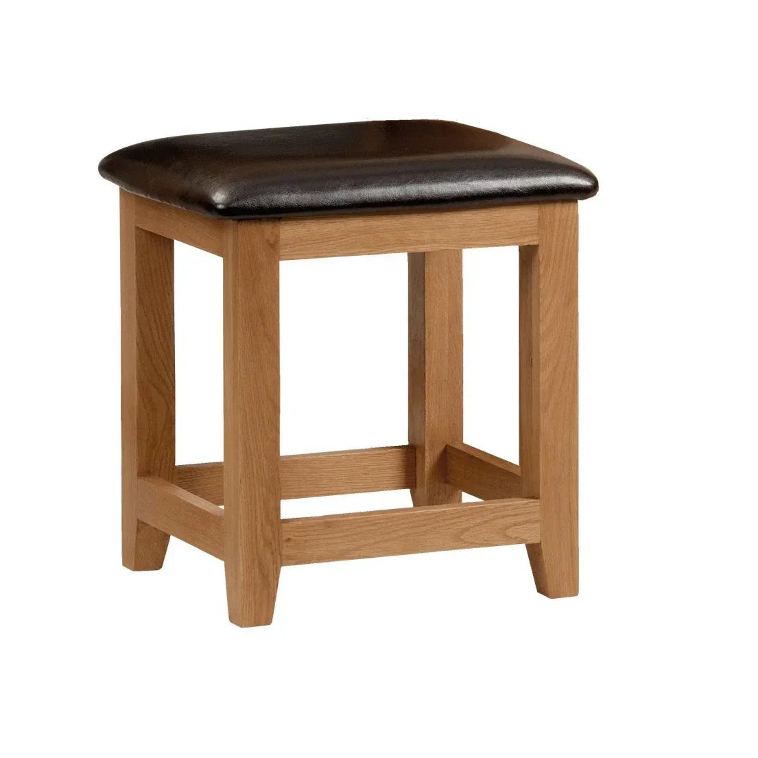 Oak dressing stool with black padded seat and wooden frame on white background