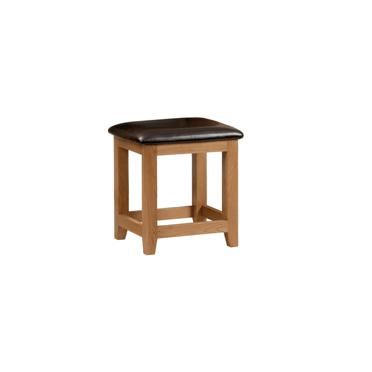 oak dressing stool with dark leather seat and square legs on white background