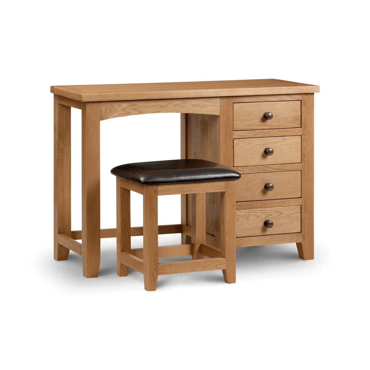 Oak dressing stool with padded brown seat and matching wooden vanity table with drawers