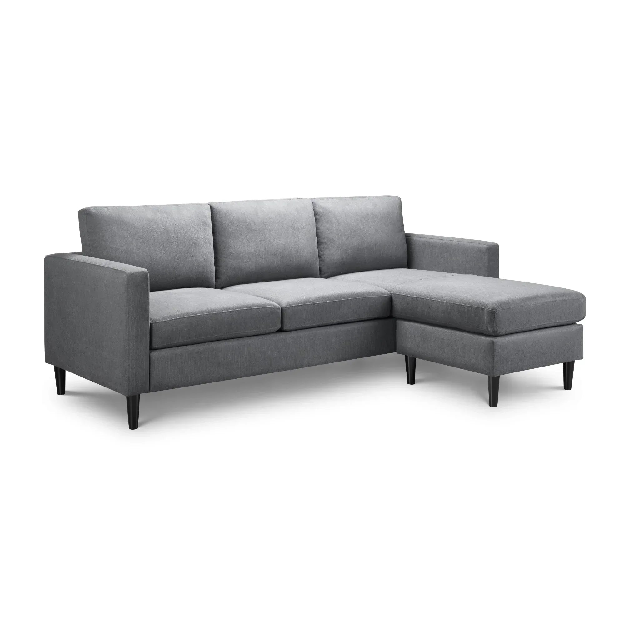 Grey corner sofa with chaise, upholstered fabric, clean lines, black tapered legs
