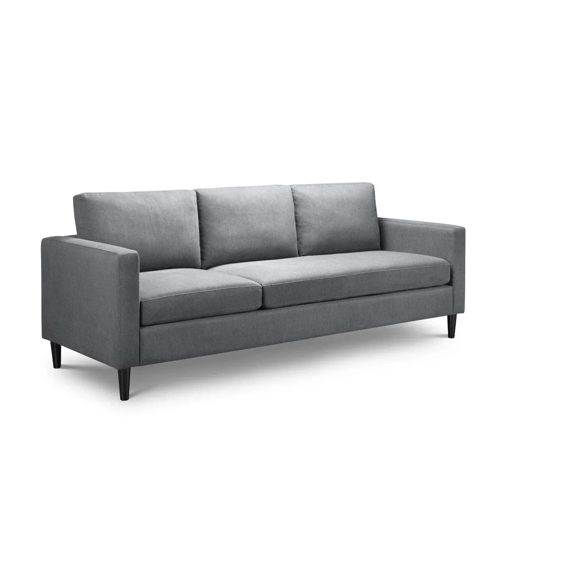 Grey fabric sofa with straight arms and tapered black legs, three seat cushions, white background