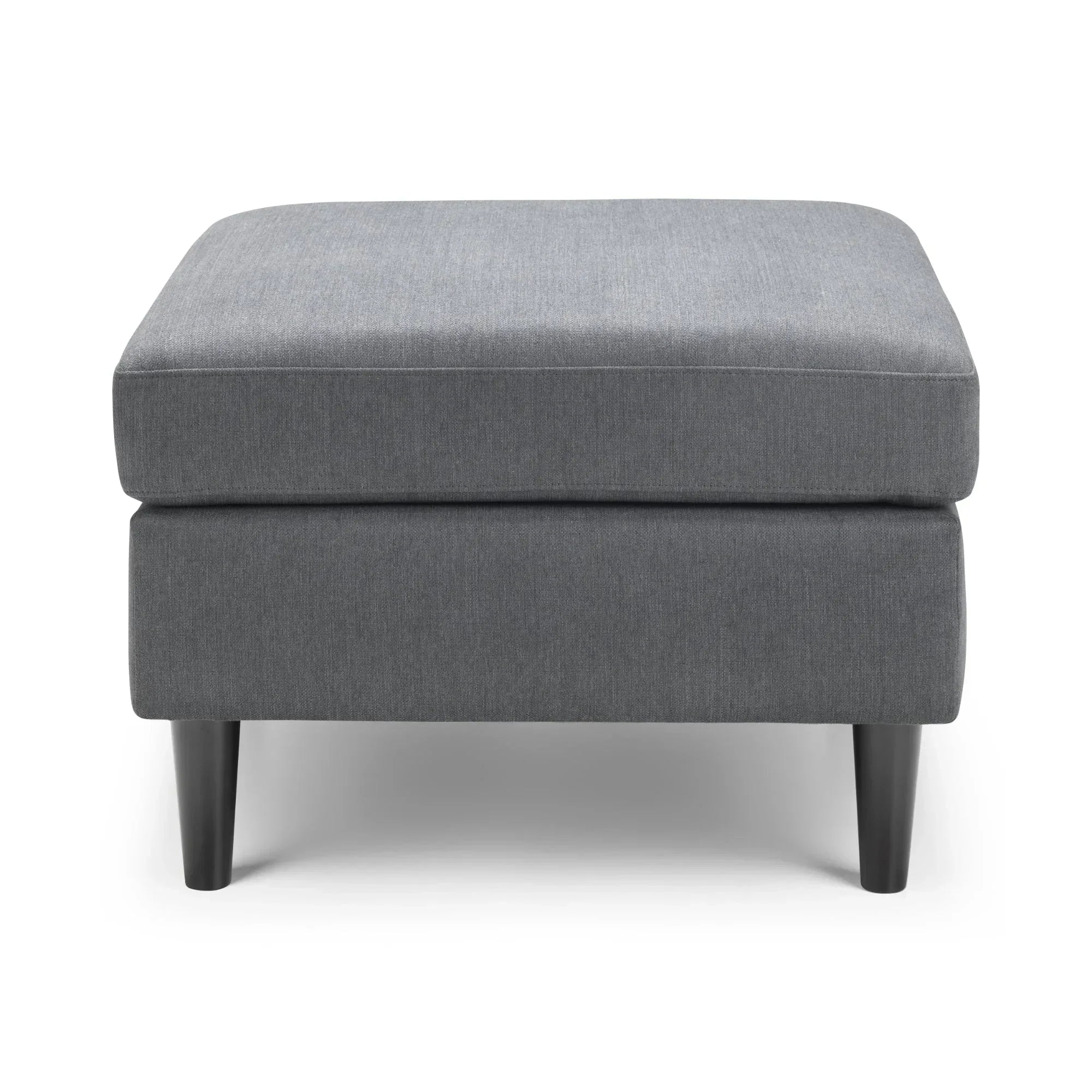 Grey fabric ottoman with tapered black legs, front view