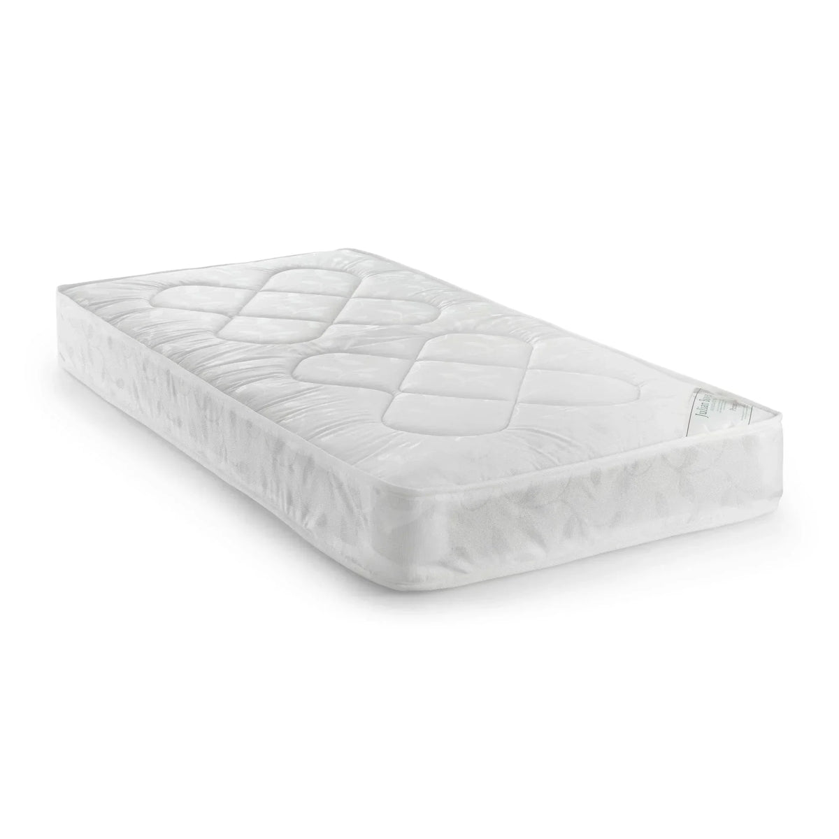 Premier 90cm mattress with quilted top and white patterned fabric, angled side view