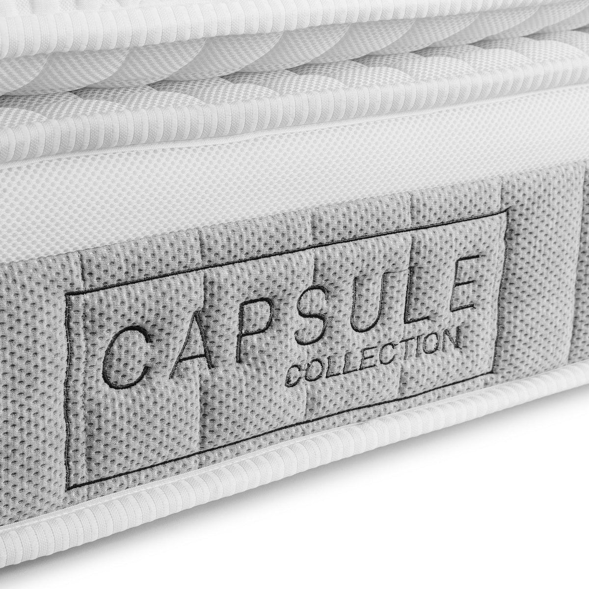Capsule 3000 pillow top mattress close-up of grey mesh side and stitched label