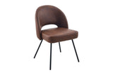 A modern dining chair with a curved brown faux-leather upholstered seat and backrest, supported by four thin black metal legs, shown against a plain white background.