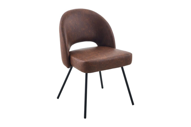A modern dining chair with a curved brown faux-leather upholstered seat and backrest, supported by four thin black metal legs, shown against a plain white background.