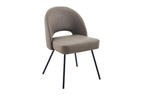 A modern upholstered dining chair with a curved backrest, padded seat, and slim black metal legs, shown on a plain white background.