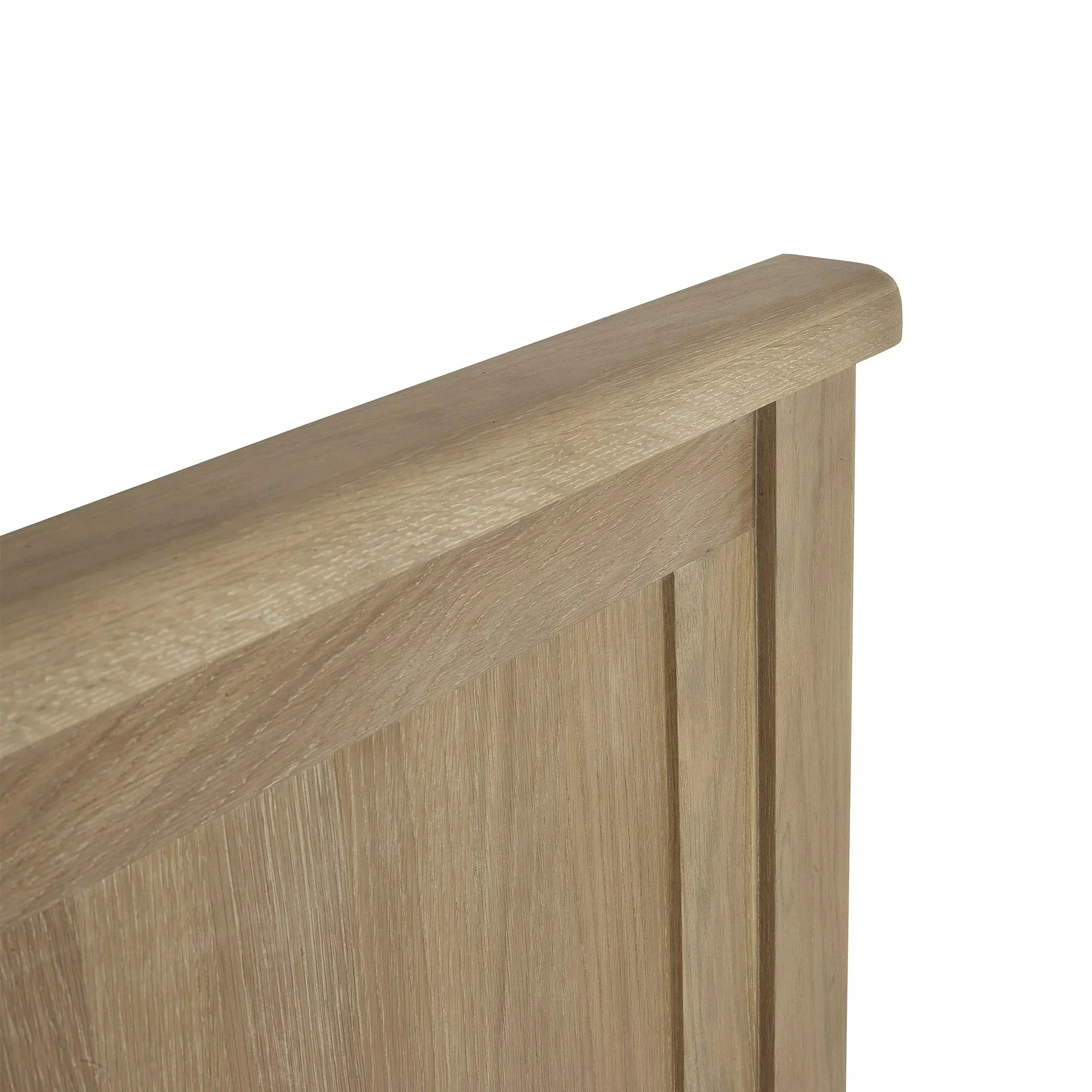 Memphis limed oak bed headboard corner detail showing grain and panel design