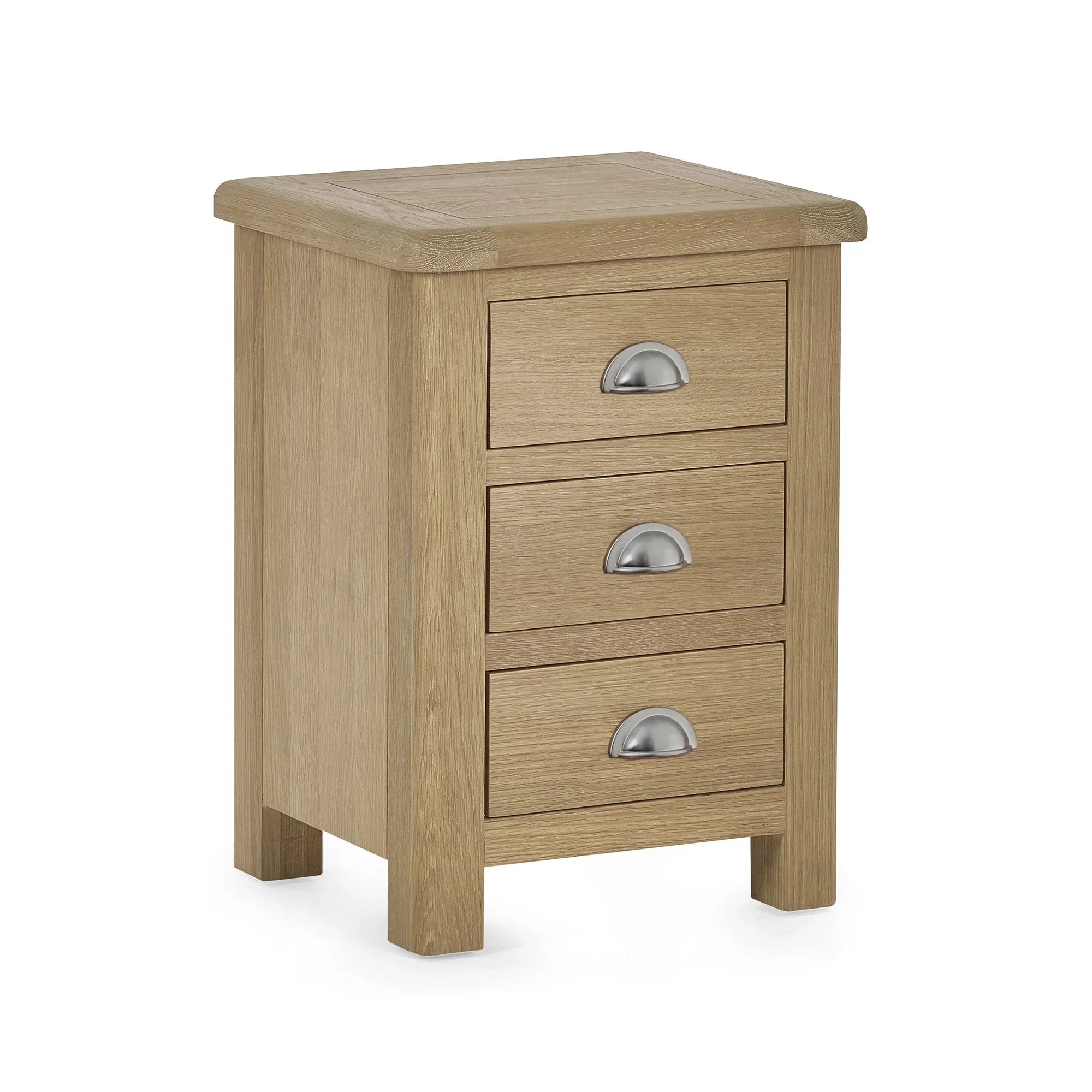 Limed oak 3 drawer bedside cabinet with silver cup handles, angled front view