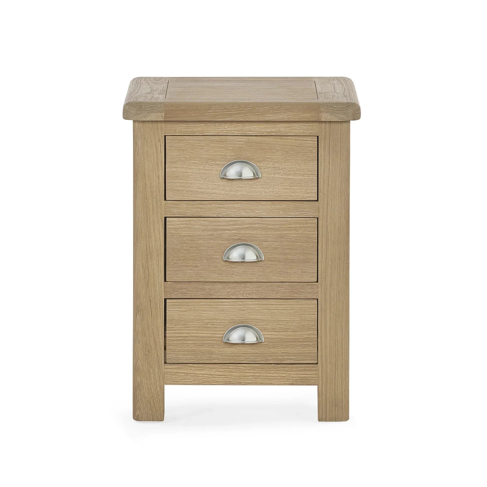 Memphis limed oak 3 drawer bedside table with silver cup handles, front view