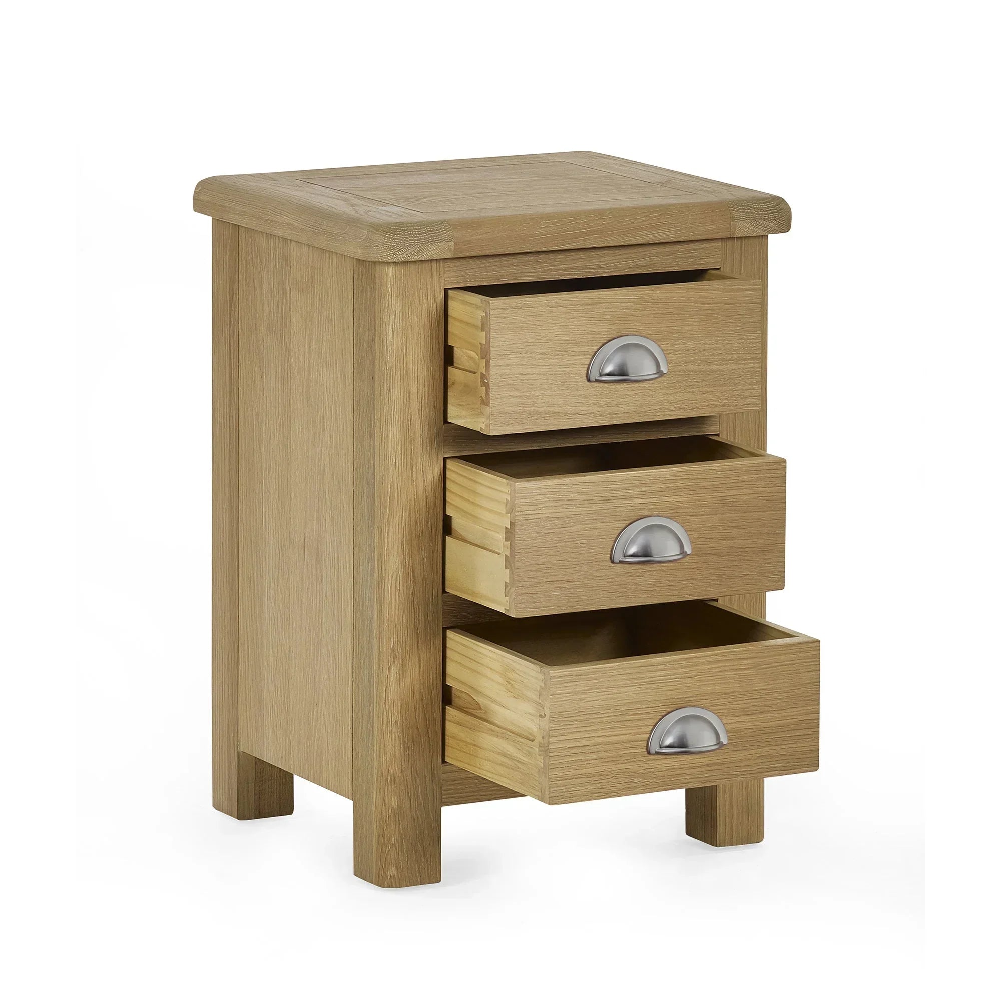 Memphis limed oak 3 drawer bedside table with metal cup handles and drawers open