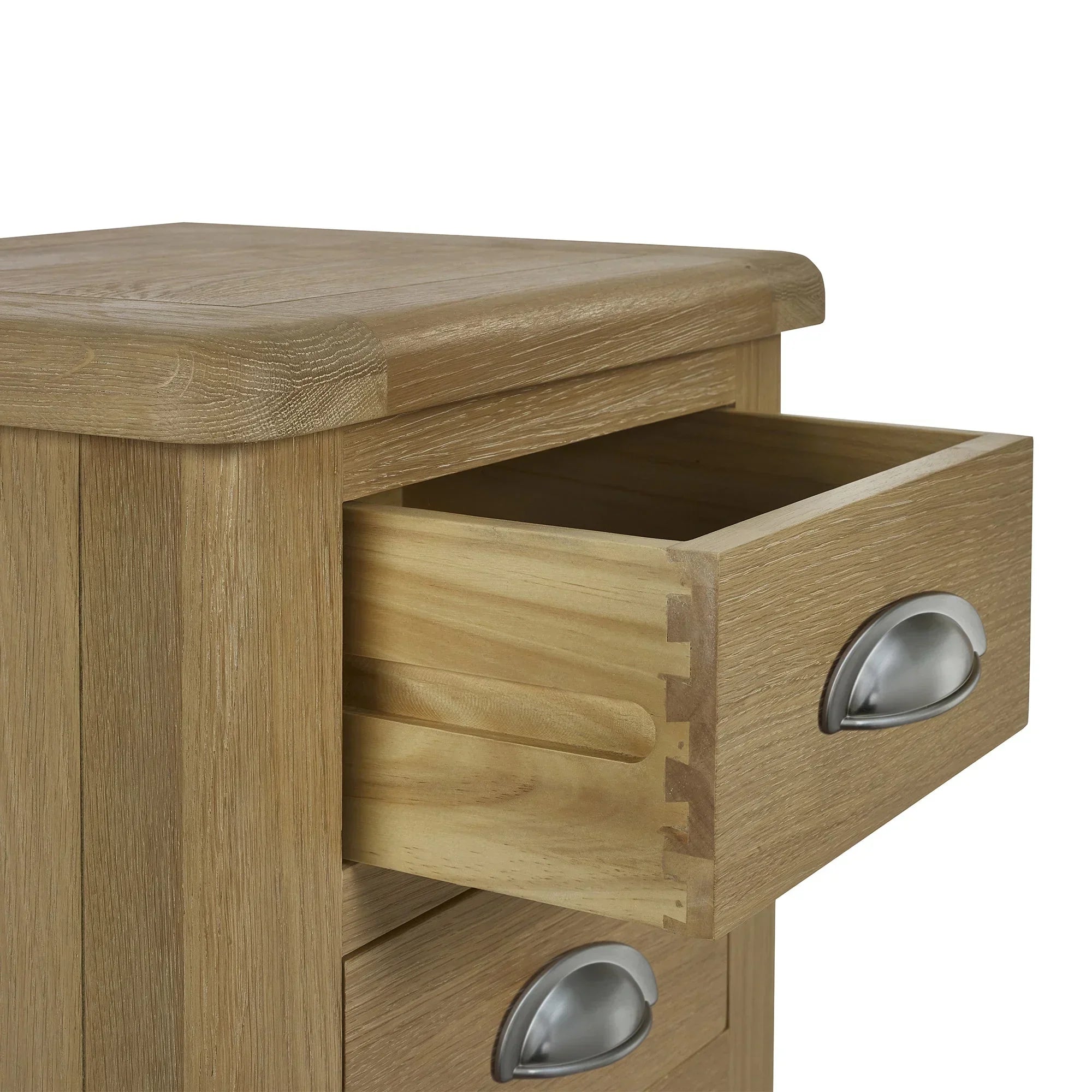 Memphis limed oak 3 drawer bedside table corner view with open drawer and metal cup handles