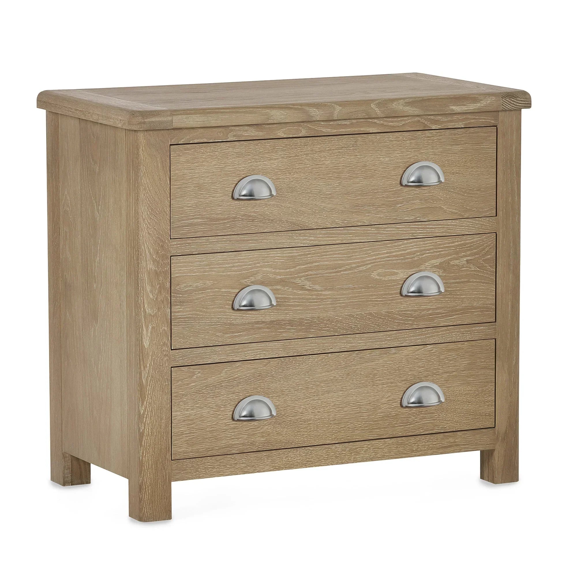 Limed oak 3 drawer chest with metal cup handles, angled front view